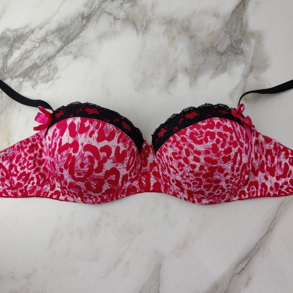 Unbranded Pink Leopard Print Lace Trim Push Up Underwire Bralette Bra, Sz 36C